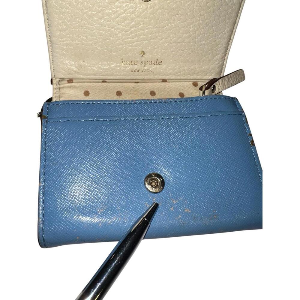 SOLD Kate Spade Blue Leather Keychain Wallet Polka Dot Interior Women's One Size - Picture 6 of 10